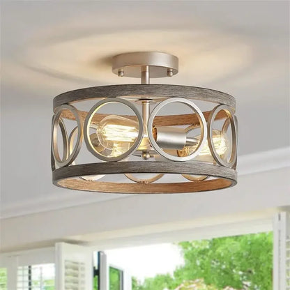 DecorBites™ Industrial Farmhouse Circular Chandelier Retro Iron Art Wood Grain Ceiling Light