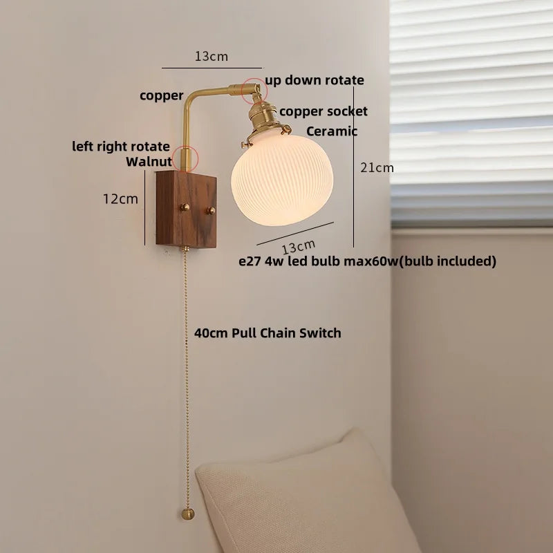 DecorBites™ Globe Ceramic LED Wall Lights Walnut Wood Sconce Rotatable Bedside Lamp