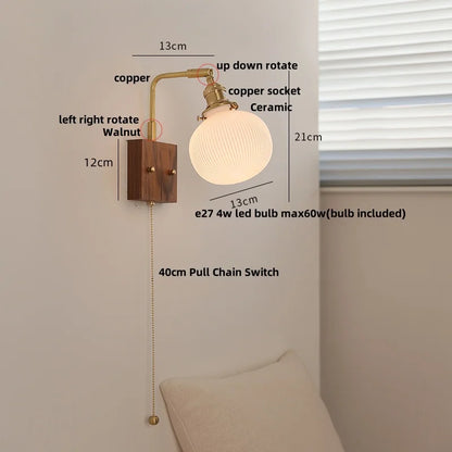 DecorBites™ Globe Ceramic LED Wall Lights Walnut Wood Sconce Rotatable Bedside Lamp