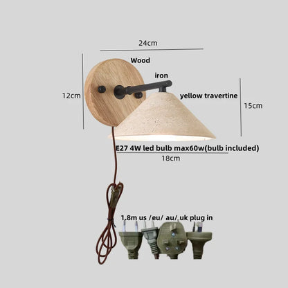 DecorBites™ LED Yellow Travertine Wall Light with Wood Pull Chain Switch and Iron Frame