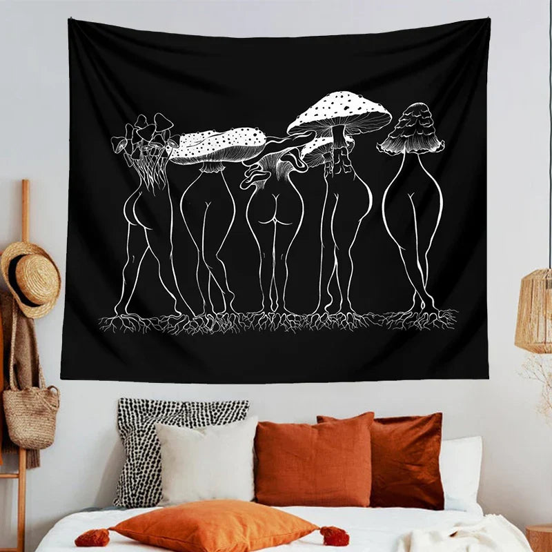 Decobites Mushroom Woman Tapestry Wall Hanging Black White Boho Decor Bedroom Aesthetic