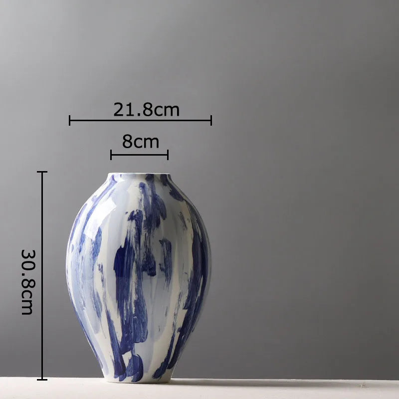 DecorBites™ Blue & White Porcelain Vase: Ink Style Flowers, Aesthetic Room Decor