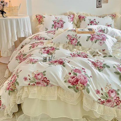 Decobites Vintage Rose Floral Double Layer Lace Ruffles 100% Cotton Bedding Set