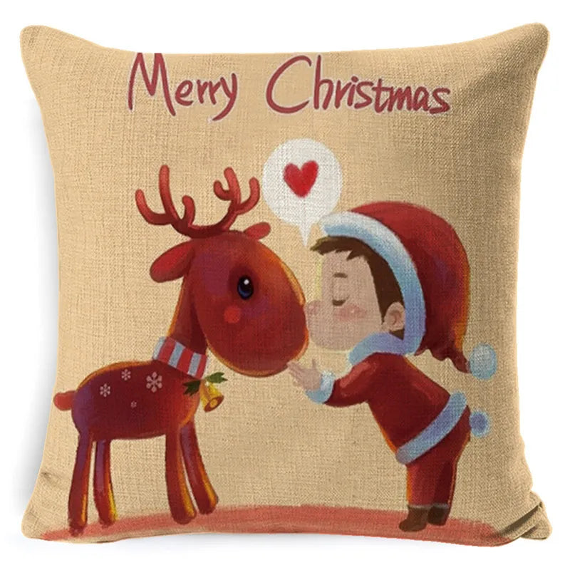 DecorBites™ Elk Print Linen Pillowcase: Festive Christmas Cushion Cover for Sofa - 2023 New Year Decor