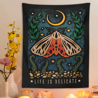 Mushroom Moon Moth Tapestry Wall Hanging by Decobites - Aesthetic Retro Psychedelic Decor