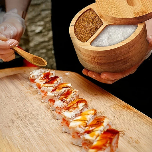 DecorBites™ Bamboo Seasoning Box with Spoon - Rotating Cover Spice Container