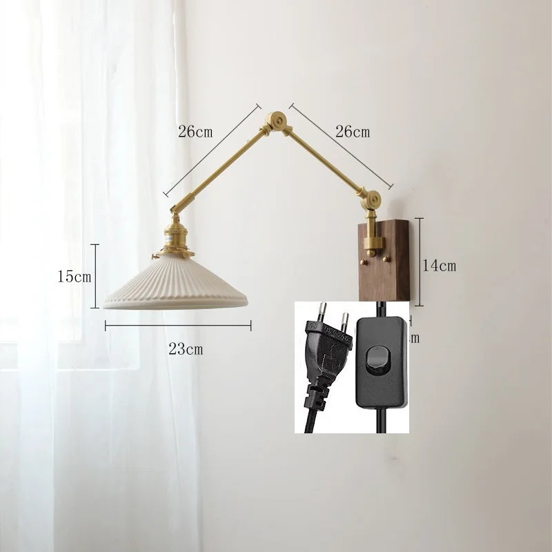 مصباح حائط نحاسي من DecorBites™ مع مفتاح سلسلة سحب، تصميم نورديك، لمبة LED، عاكس ضوء سيراميكي