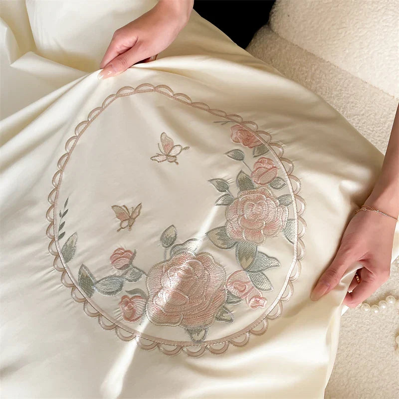 Decobites Rose Butterfly Embroidery Curved Edge Bedding Set: Duvet Cover, Sheet Set, Pillowcases