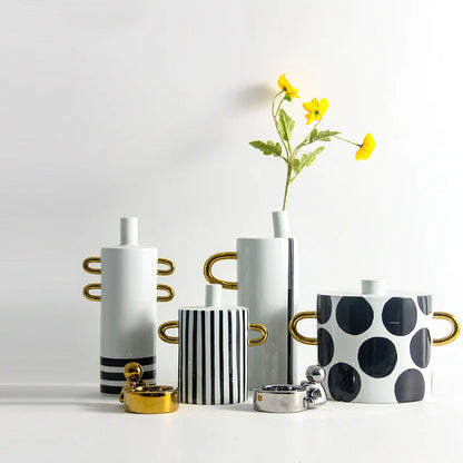 DecorBites™ Black and White Dots Geometric Ceramic Vase: Home Decoration Handicraft Ornament