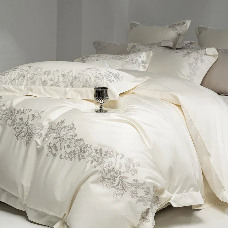 Decobites Luxury Embroidery Bedding Set: Pearl White 1000TC Egyptian Cotton Duvet Cover, Sheets, Pillowcases