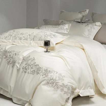 Decobites Luxury Embroidery Bedding Set: Pearl White 1000TC Egyptian Cotton Duvet Cover, Sheets, Pillowcases