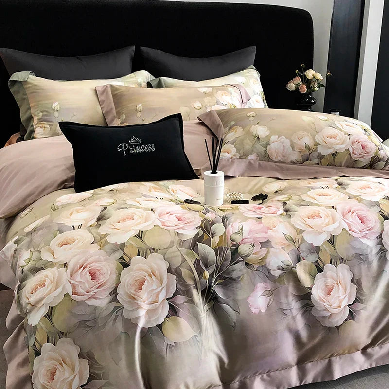 Decobites Luxury Floral Bedding Set with Lyocell Cotton Duvet Cover, Sheet, and Pillowcases