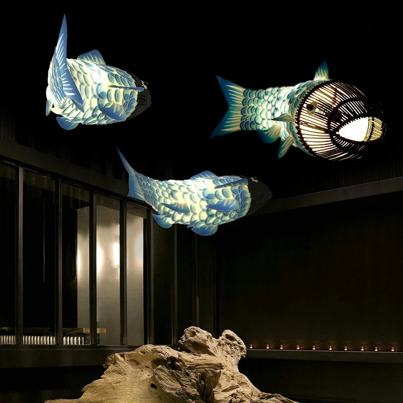 DecorBites™ Bamboo Fish Pendant Light: Chinese Style Chandelier for Modern Living Room Decor
