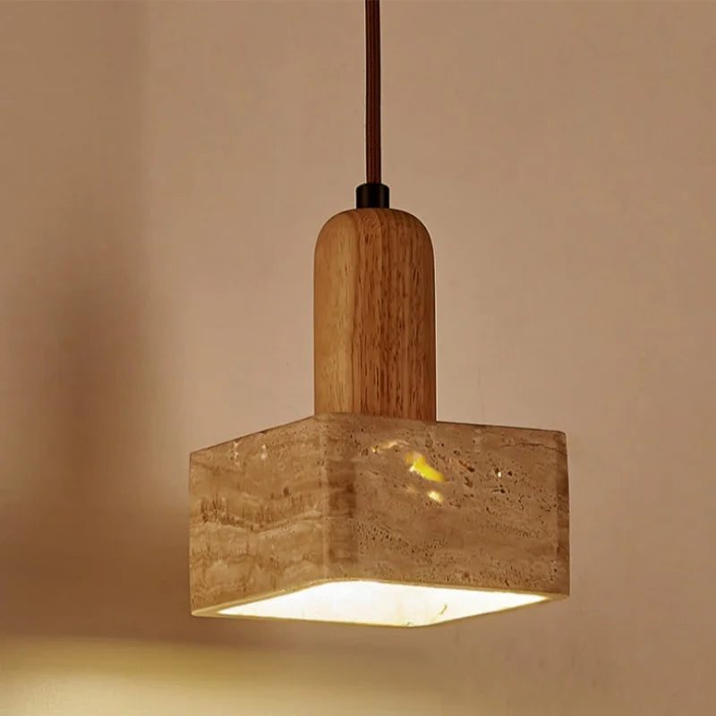 DecorBites™ LED Pendant Lamp Yellow Travertine Stone Wood Nordic Modern Hanging Light