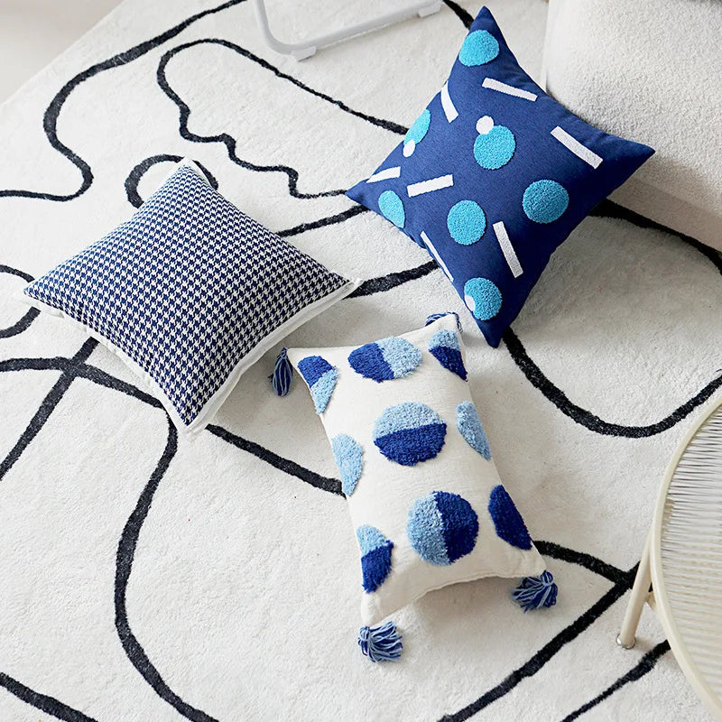 Blue Tufted Embroidered Pillow