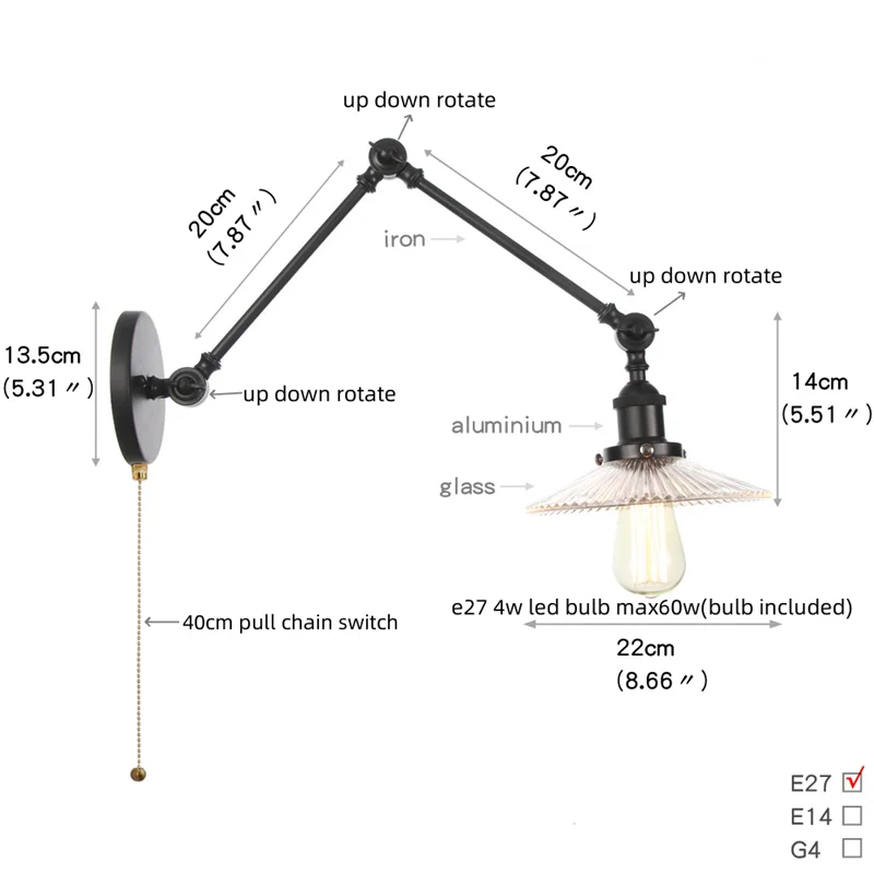 DecorBites™ Industrial Loft Swing Arm Wall Sconce Clear Glass Pull Chain Switch Bedside Lamp