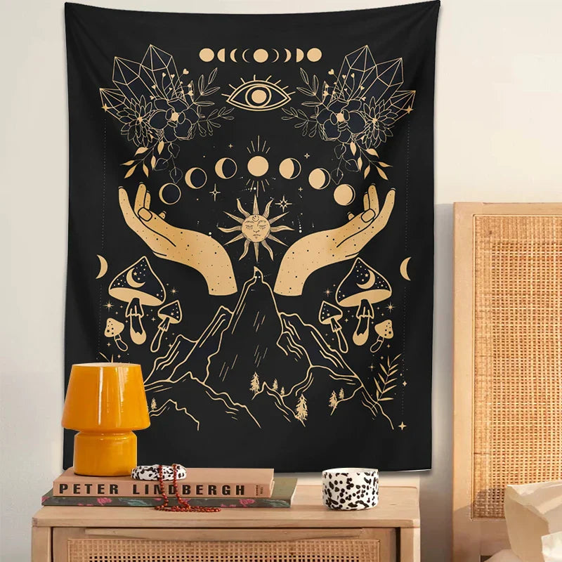 Moon Phase Magic Mushrooms Tapestry Wall Hanging by Decobites - Hippie Witchcraft Home Decor