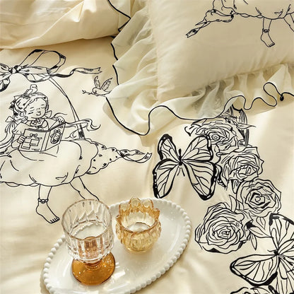 Decobites Vintage Rose Butterfly Lace Ruffles Princess Bedding Set: 100S Egyptian Cotton