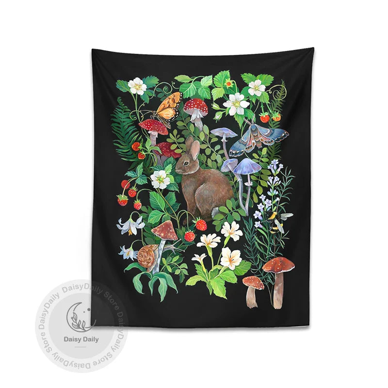 Decobites Rabbit Strawberry Garden Tapestry: Psychedelic Mushroom Flower Boho Wall Art