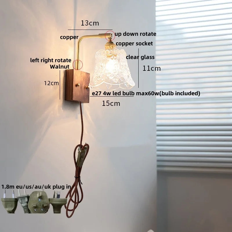 DecorBites™ Clear Glass LED Wall Light Walnut Bedside Lamp Modern Rotatable Brass Wall Lights