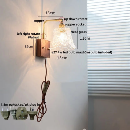 DecorBites™ Clear Glass LED Wall Light Walnut Bedside Lamp Modern Rotatable Brass Wall Lights