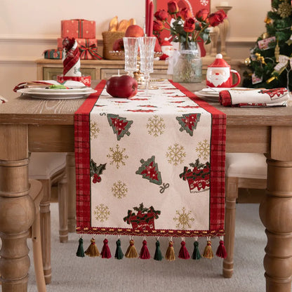 DecorBites™ Christmas Cartoon Jacquard Table Runner with Embroidered Tassel - Festive Dining Room Decor