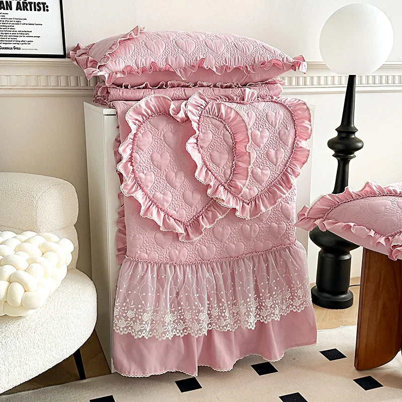 Decobites Korean Princess Style Bedding Set with Lace Ruffles and Love Theme