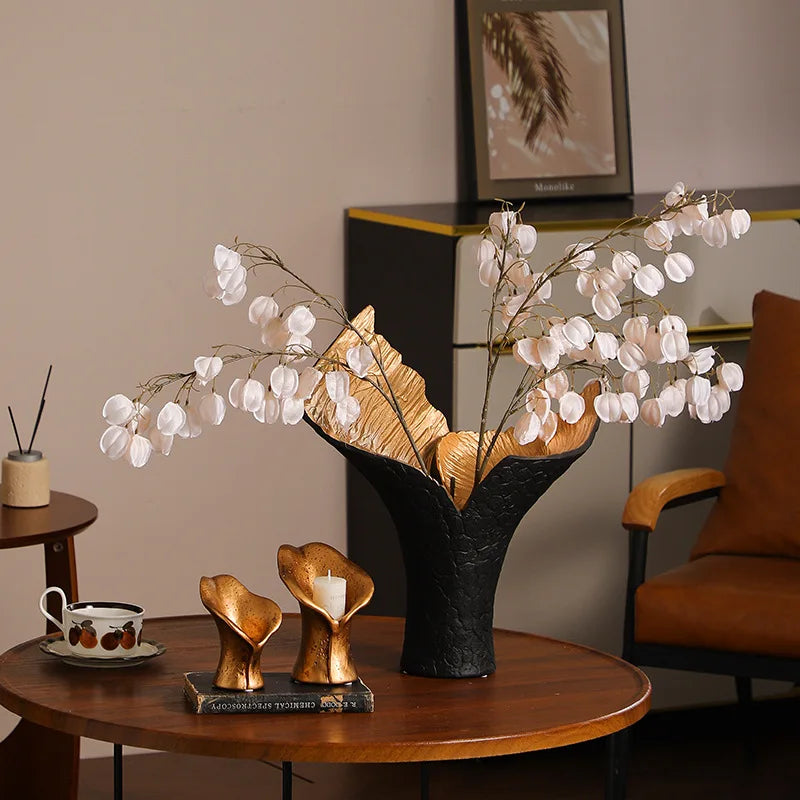 DecorBites™ Jarrón de resina negra y dorada para decoración del hogar