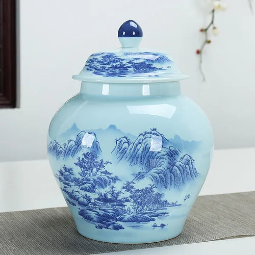 DecorBites™ Hand Painted Blue and White Ceramic Tea Canister Jar