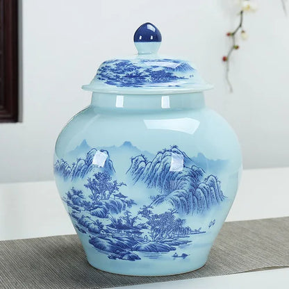 DecorBites™ Hand Painted Blue and White Ceramic Tea Canister Jar