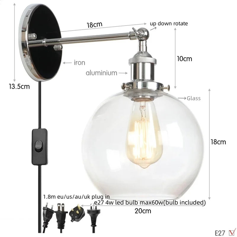 Decorbites™ Glasgloben-LED-Wandleuchte Modern Industrie Rustikal Vintage Nachttischlampe
