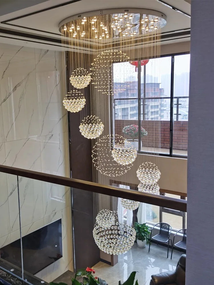 Lámpara de araña de bola de cristal DecorBites™: Lámpara colgante espiral LED moderna para escaleras, sala de estar y vestíbulo.