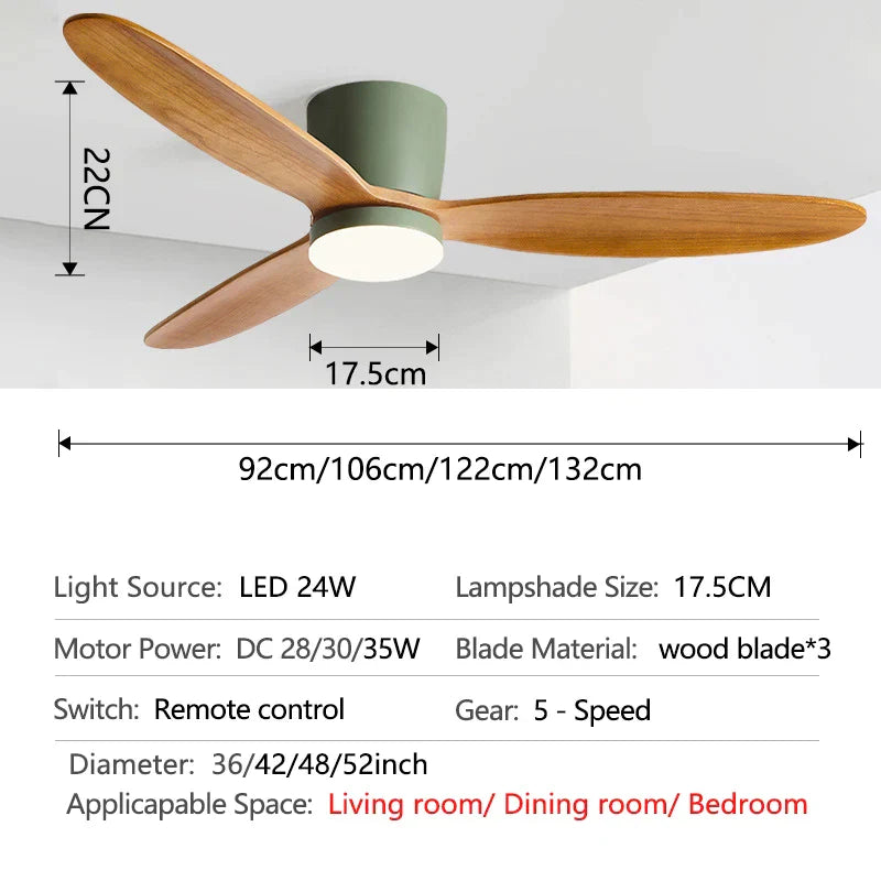 Decorbites™ Ventilador de Techo para Techos Bajos con Motor DC de 3 Aspas y 35W, Luz Tricolor de 24W y Control Remoto