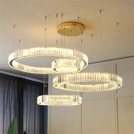 Lámpara de araña con anillo LED de cristal DecorBites™ - Lámpara colgante de escalera para villa de lujo