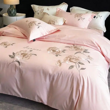 Decobites Flowers Embroidery Cotton Bedding Set Duvet Cover Flat Sheet Pillowcases 4Pcs