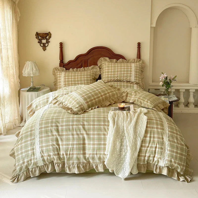 Decobites Plaid French Pastoral Cotton Bedding Set Full Queen King Size