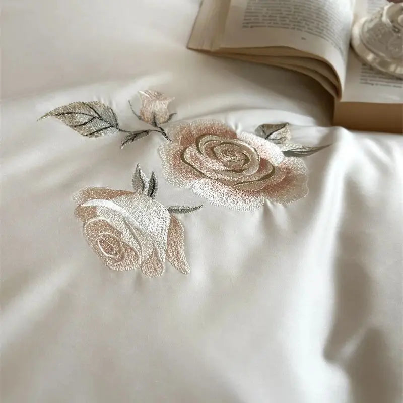 Decobites Rose Flowers Embroidery Lace Ruffles Wedding Bedding Set, 1000TC Egyptian Cotton