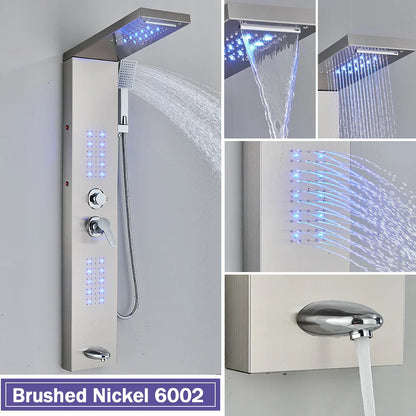 Columna de ducha DecorBites™ negra con iluminación LED, chorros de masaje y grifo mezclador tipo cascada