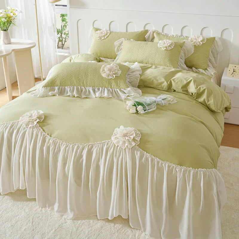 Decobites Princess Style Cotton Bedding Set with Flowers, Lace Ruffles, and Quilted Details