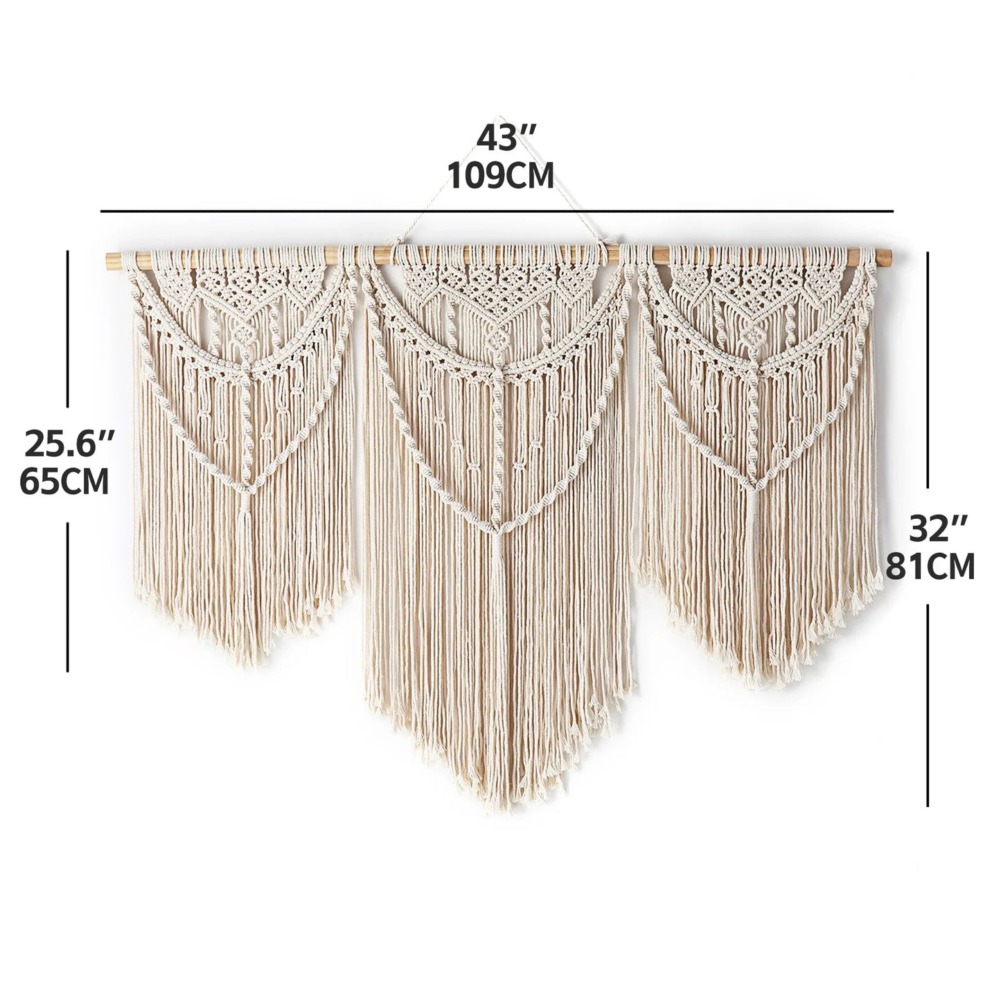 Decobites Large Hand-Woven Macrame Wall Hanging Tapestry with Wooden Stick & Tassels