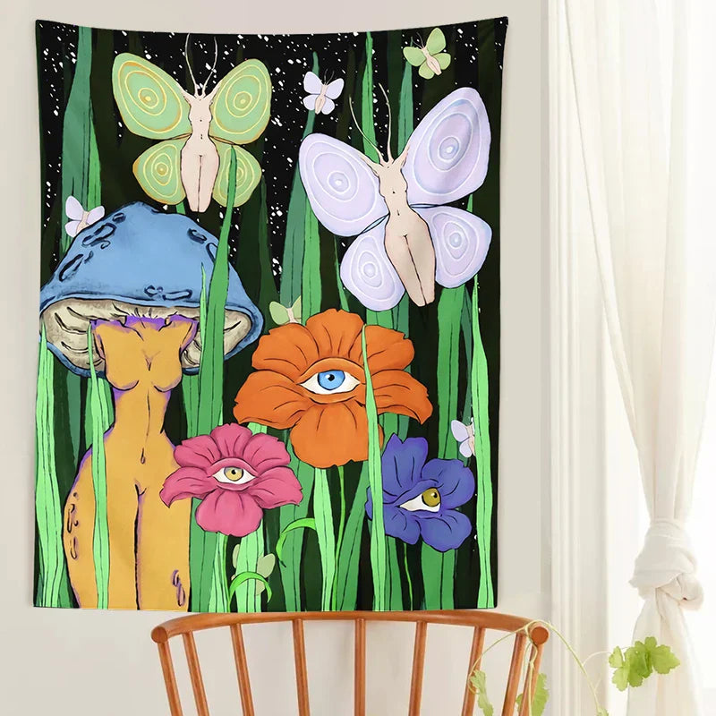 Decobites Psychedelic Mushroom Girl Botanical Floral Tapestry Wall Hanging