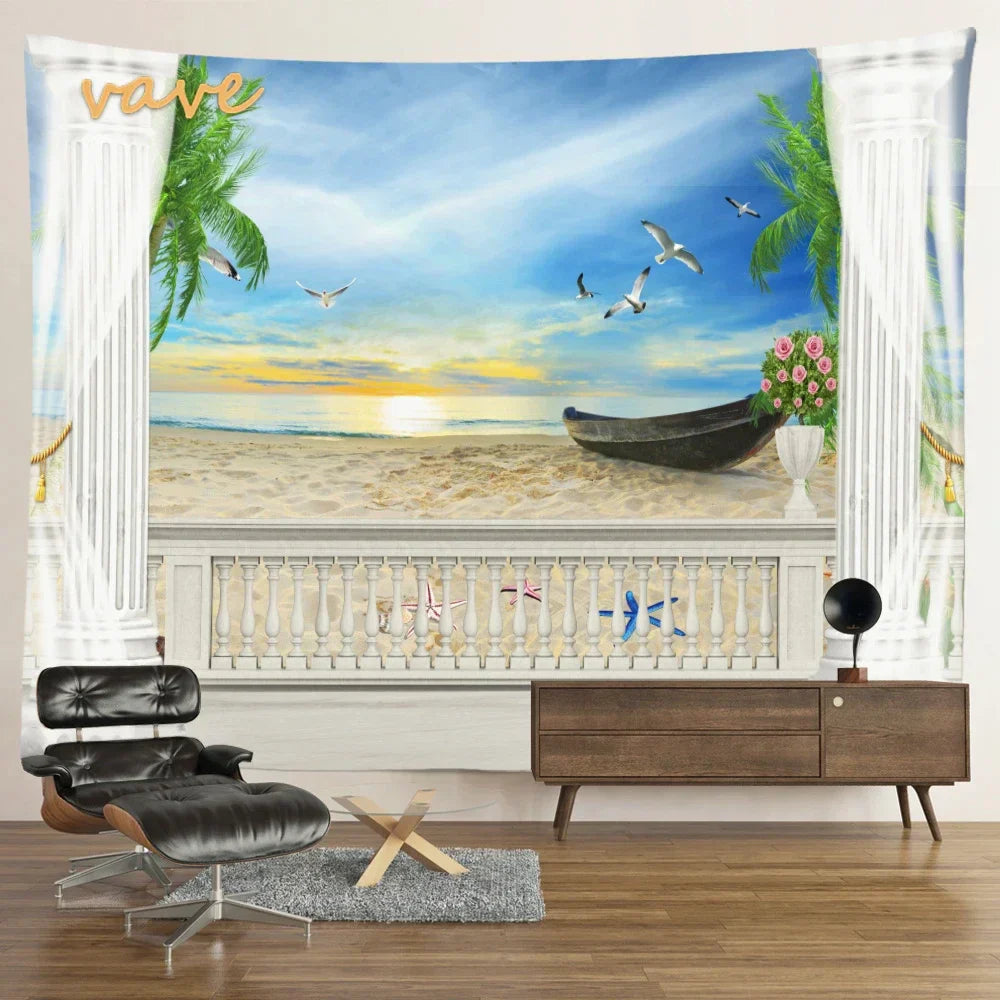 Scenic Sunset Palm Tree Tapestry by Decobites - Boho Beach Landscape Bedroom Decor