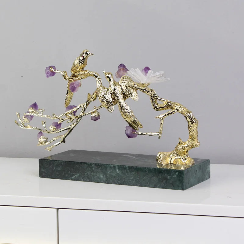 DecorBites™ Crystal Golden Tree Handicraft: Artisan Metal Figurine for Home Decor