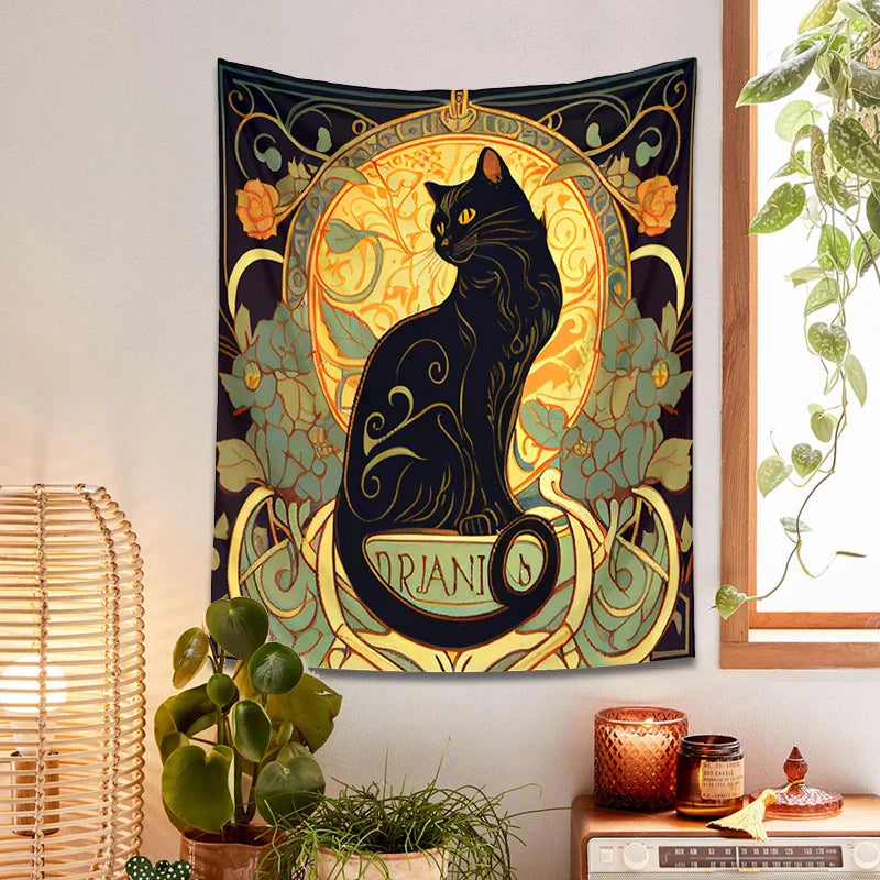 Decobites Black Cat Tapestry Wall Hanging Art Nouveau Floral Boho Decor