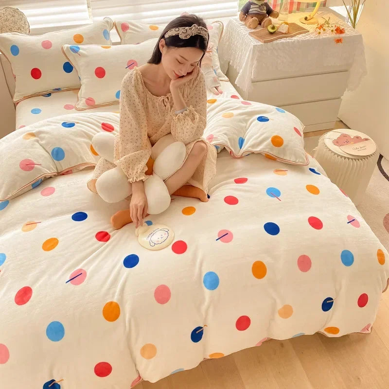 Decobites Polka Dot Milk Velvet Queen Bedding Set with Sheets & Pillowcases