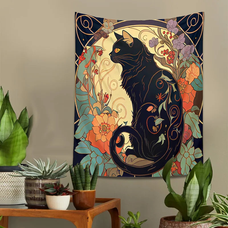 Decobites Black Cat Tapestry Wall Hanging - Psychedelic Floral Art for Cat Lovers