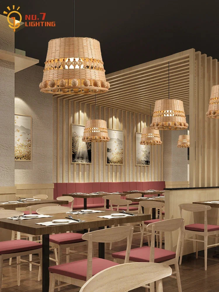 DecorBites™ مصباح معلق من الخيزران المنسوج بتقنية LED E27 بتصميم زن عصري للمطاعم والبار وغرفة الشاي