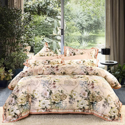 Decobites Vintage Floral Jacquard Cotton Wedding Bedding Set with Duvet Cover, Sheet, Pillowcases