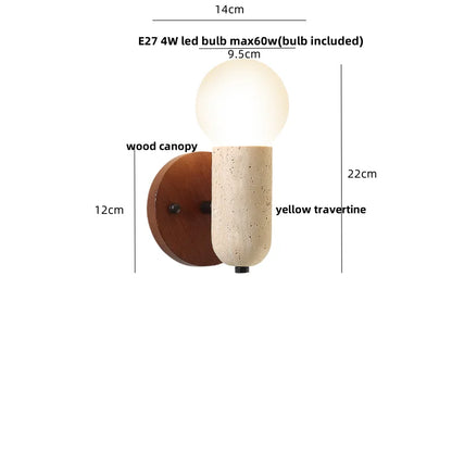 DecorBites™ LED Wall Light Fixture Travertine Stone Wood Canopy Bedside Lamp