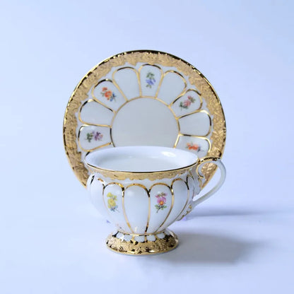 DecorBites™ Embossed Gold Bone China Tea Cup Saucer Set, German Design Drinkware